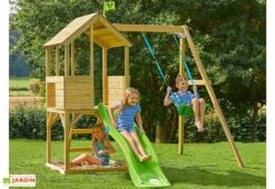 Aire De Jeux En Bois : Maisonnette, Balançoire Et Toboggan – TP Treehouse
