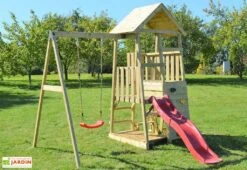 Aire De Jeux En Bois Brut Portique Balançoire Et Toboggan – 7,8 M²