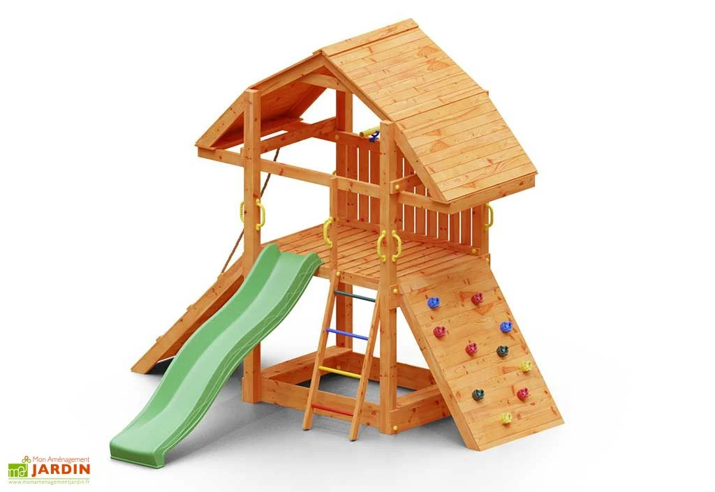 Aire De Jeux En Bois De Pin Traité Toboggan Et Mur D’Escalade Buffalo 3 Aire De Jeux En Bois De Pin Traité Toboggan Et Mur D’Escalade Buffalo