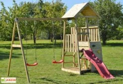 Aire De Jeux En Bois Non Traité Avec Portique Double Et Toboggan - 9,8 M²