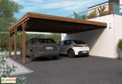 Carport Double Adossé En Bois Traité Avec Couverture Polycarbonate – 30,6 M²