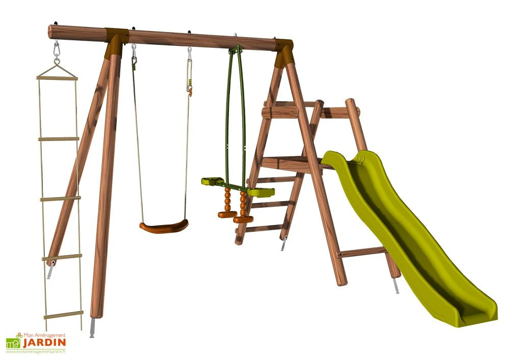 Portique En Bois Traité 5 Enfants Avec Toboggan + 3 Agrès – Murier 3 Portique En Bois Traité 5 Enfants Avec Toboggan + 3 Agrès – Murier