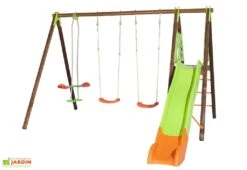 Portique Balançoires + Toboggan Bois Et Métal Akeo