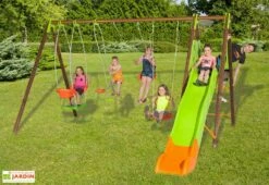 Portique Balançoires + Toboggan Bois Et Métal Helio