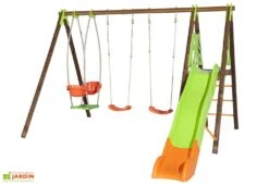 Portique Balançoires + Toboggan Bois Et Métal Zambo