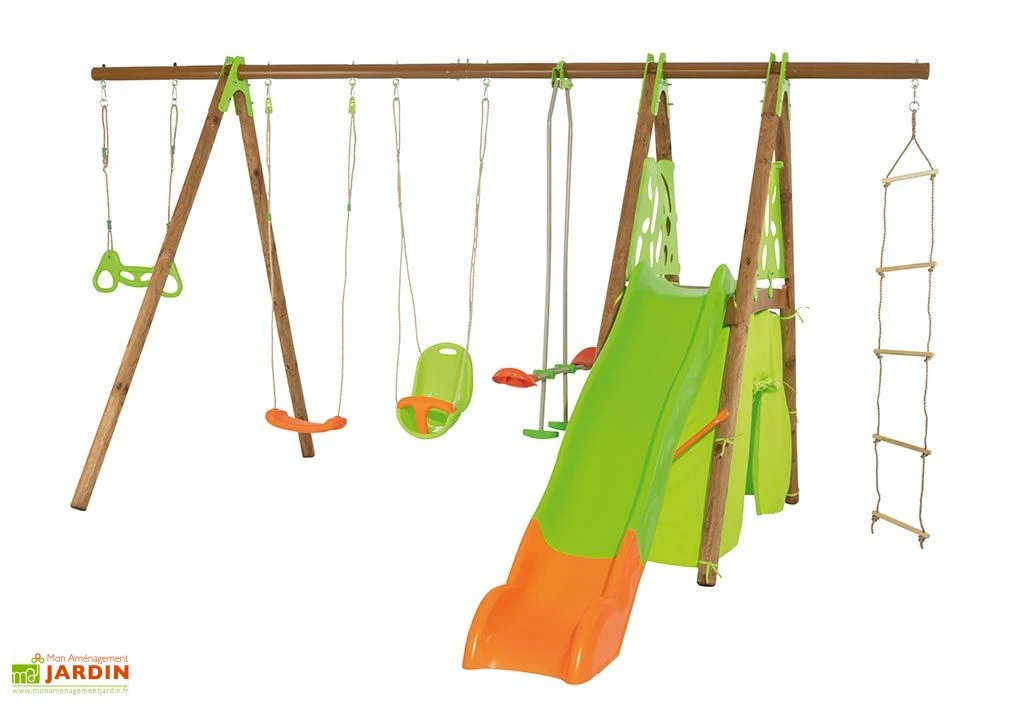 Portique Balançoires + Toboggan + Cabane Bois Et Métal Legato 3 Portique Balançoires + Toboggan + Cabane Bois Et Métal Legato
