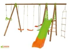 Portique Balançoires + Toboggan Bois Et Métal Octavo