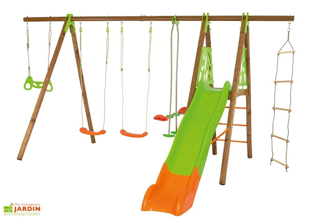 Portique Balançoires + Toboggan Bois Et Métal Octavo 3 Portique Balançoires + Toboggan Bois Et Métal Octavo