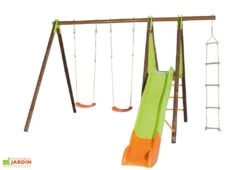 Portique Balançoires + Toboggan Bois Et Métal Xalto