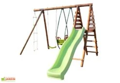 Portique En Bois Pour 5 Enfants Toboggan + 3 Agrès – Lavande