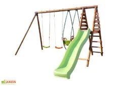 Portique En Bois Toboggan + Balancelle + 2 Balançoires – Narcisse