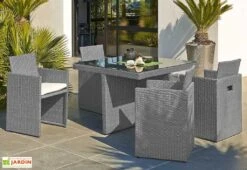 Salon De Jardin En Résine Tressée Encastrable Gris : 1 Table + 4 Fts