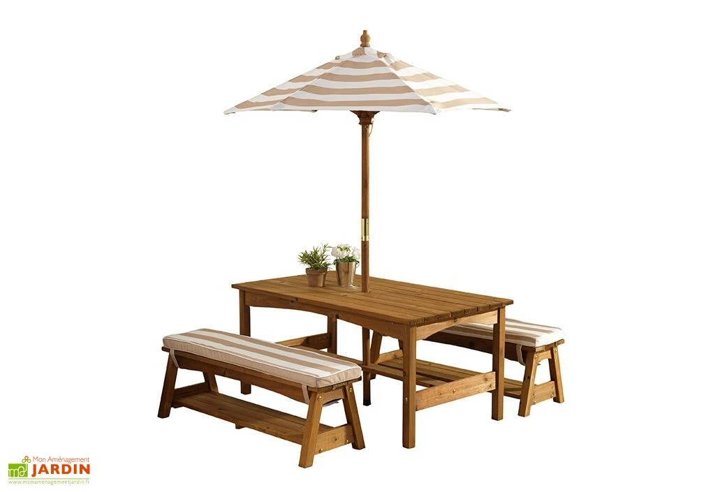 KidKraft Salon De Jardin Bois Pour Enfants : Table, Bancs, Parasol Taupe 3 KidKraft Salon De Jardin Bois Pour Enfants : Table, Bancs, Parasol Taupe