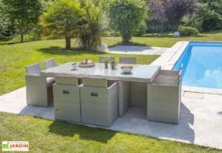 Salon De Jardin En Résine Tressée Encastrable Gris : 1 Table + 8 Fts