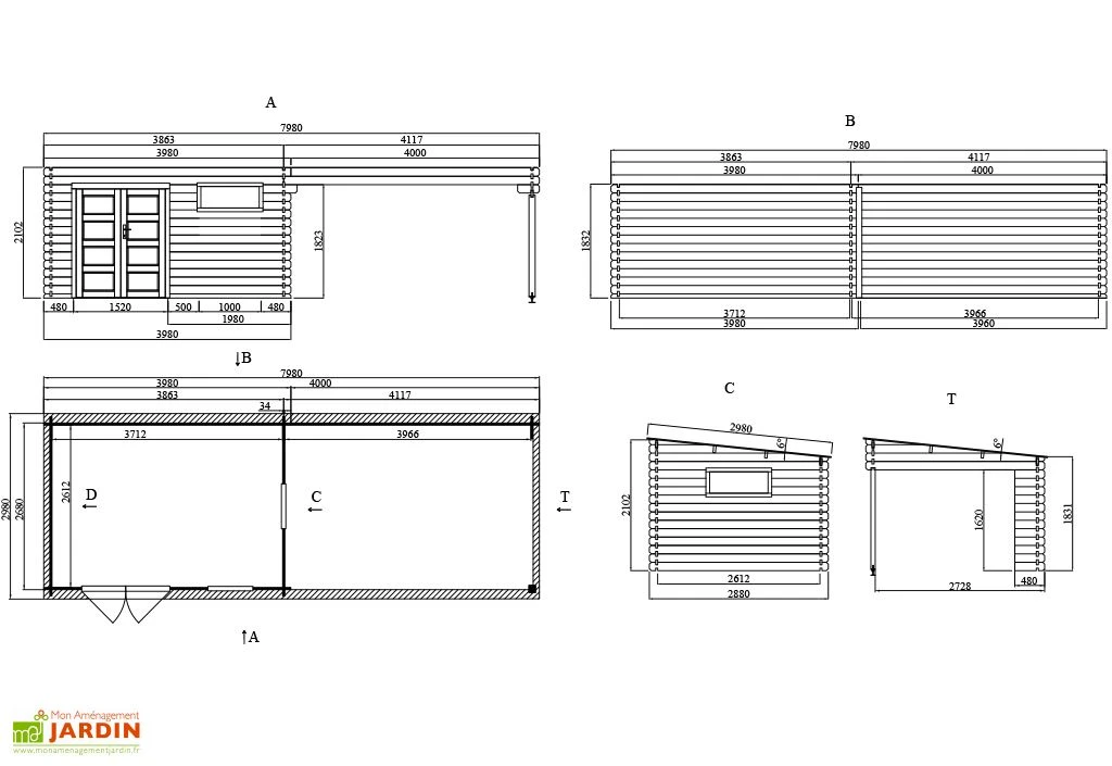Abri De Jardin + Auvent En Bois D’épicéa Brut 22,9 M² 6 Abri De Jardin + Auvent En Bois D’épicéa Brut 22,9 M² – Image 4
