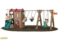 Step2 Aire De Jeux Adventure Lodge Play Center : Portique, Cabane, Toboggan -Solid || Axi || EXIT TOYS Soldes Boutique structure geante enfants portique balancoire cabane avec plateforme toboggan panier basket 550x300x220cm 2