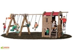 Step2 Aire De Jeux Adventure Lodge Play Center : Portique, Cabane, Toboggan -Solid || Axi || EXIT TOYS Soldes Boutique structure geante enfants portique balancoire cabane avec plateforme toboggan panier basket 550x300x220cm 3